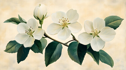 Fototapeta premium A delicate branch of white flowers with green leaves against a soft background, symbolizing beauty and tranquility