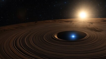 Fototapeta premium A celestial body with concentric rings and a bright star in the background, casting a warm glow over the rough terrain.