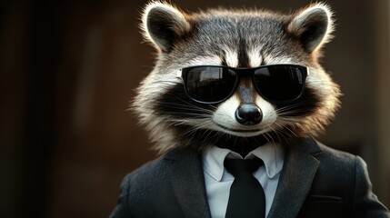 Smiling raccoon in black suit and tie and sunglasses