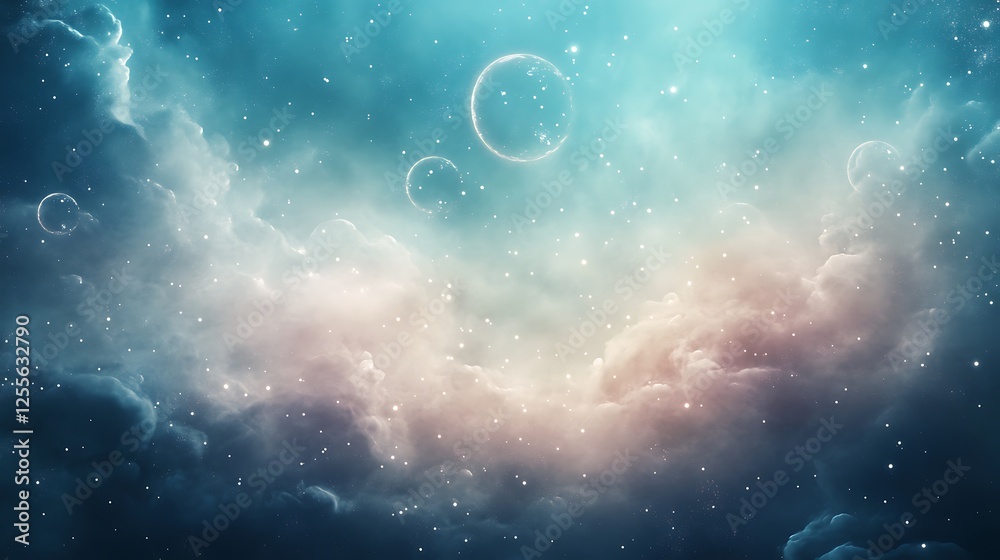 Poster a dreamy cosmic scene featuring ethereal clouds, soft colors, and floating bubbles in a starry backg