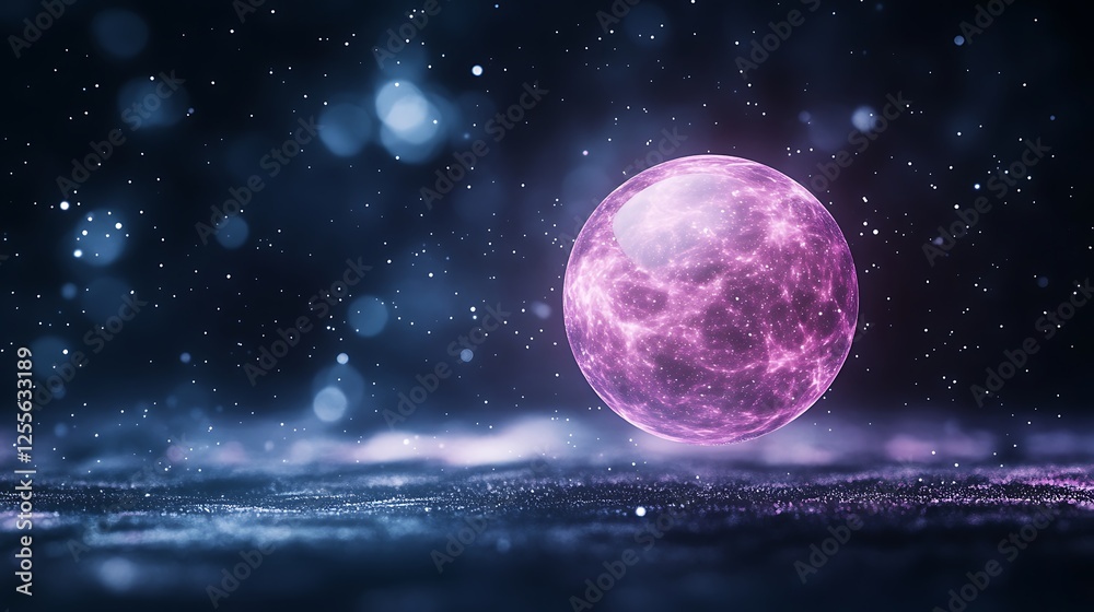 Poster glowing pink sphere surrounded by shimmering particles in a dark, ethereal atmosphere.