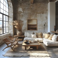 A textured wool rug, wooden chairs, and a soft linen couch with a white frame completing the aesthetic.