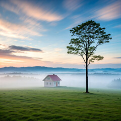 Solitary Tree and Cabin in Foggy Field