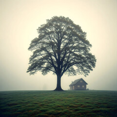 Solitary Tree and Cabin in Foggy Field