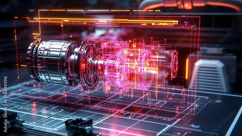 Poster complex engine rotating in augmented reality interface with futuristic holographic display showing t