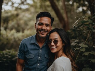 Obraz premium Joyful Couple Embracing in Nature Smiling Together in a Beautiful Outdoor Setting