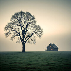 Solitary Tree and Cabin in Foggy Field
