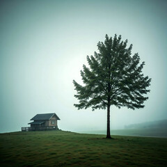 Solitary Tree and Cabin in Foggy Field