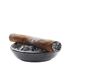 A premium cigar resting on a sleek black ashtray filled with ash. isolated, transparent, png, background, 