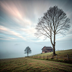 Solitary Tree and Cabin in Foggy Field