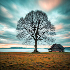 Solitary Tree and Cabin in Foggy Field
