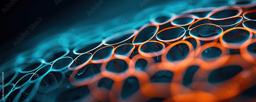 Poster microscopic ocean life idea. abstract close-up of vibrant patterns in blue and orange colors for dig
