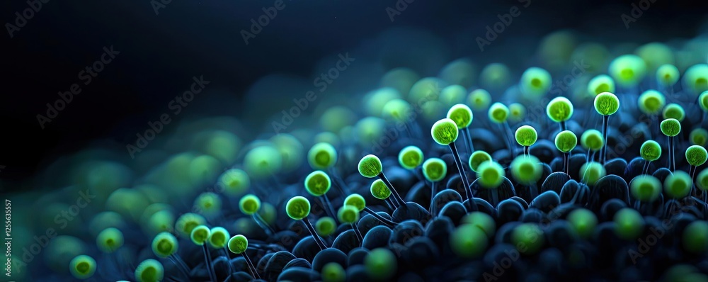 Poster microscopic ocean life idea. vibrant microflora with glowing green spheres on dark background in clo