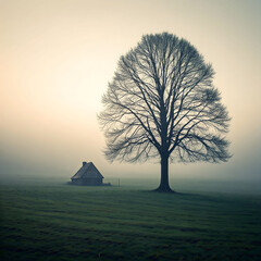 Solitary Tree and Cabin in Foggy Field