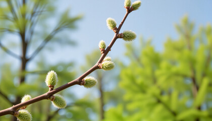 Single willow branch with fuzzy buds against a tranquil background of spring greenery