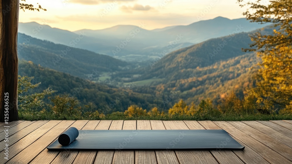 Poster a yoga mat placed on a deck with stunning mountain views in the distance, providing an ideal setting