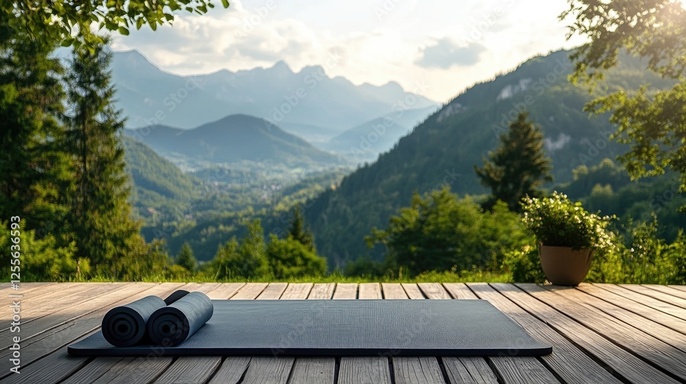 Poster a yoga mat placed on a deck with stunning mountain views in the distance, providing an ideal setting