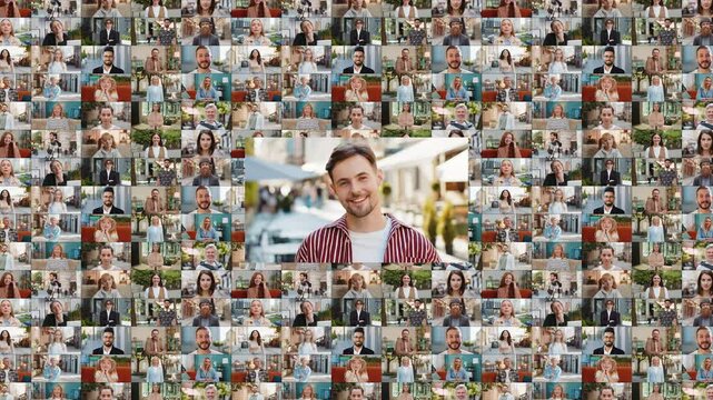 Portrait collage of happy joyful people men women diverse gender different ages ethnicity smiling friendly, glad expression looking at camera dreaming, resting, relaxation feel satisfied good news.