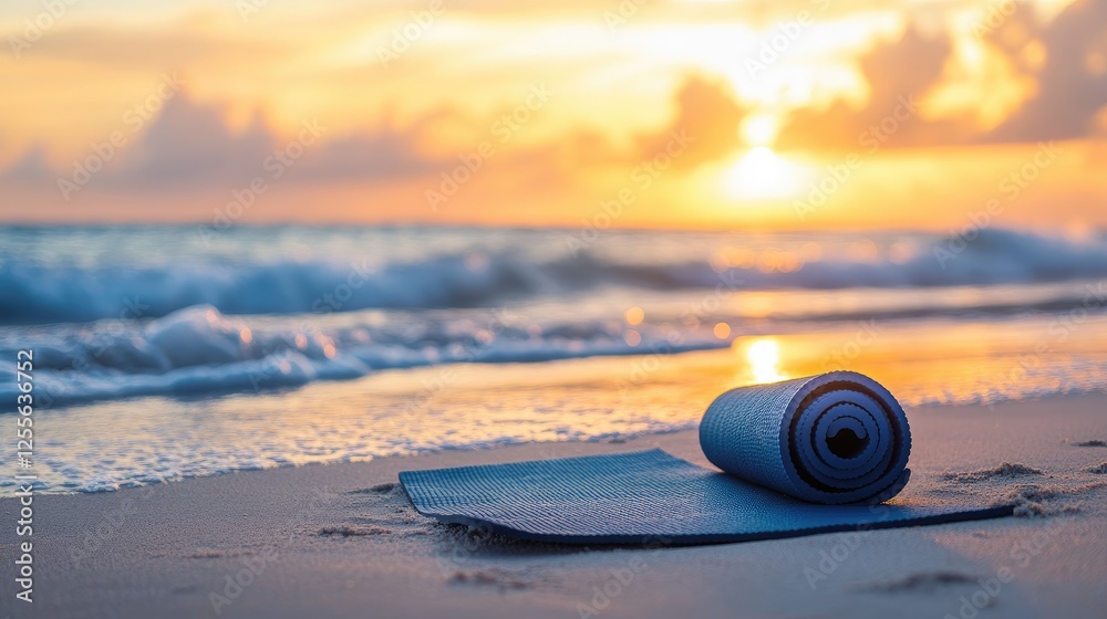 Poster a yoga mat placed on the soft sand of a beach, with ocean waves gently crashing in the background, c