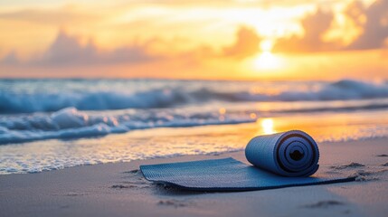 A yoga mat placed on the soft sand of a beach, with ocean waves gently crashing in the background, creating the ideal setting for an outdoor yoga session at golden hour