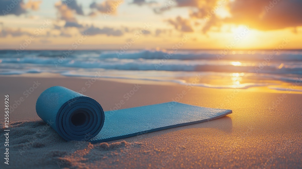 Poster a yoga mat placed on the soft sand of a beach, with ocean waves gently crashing in the background, c