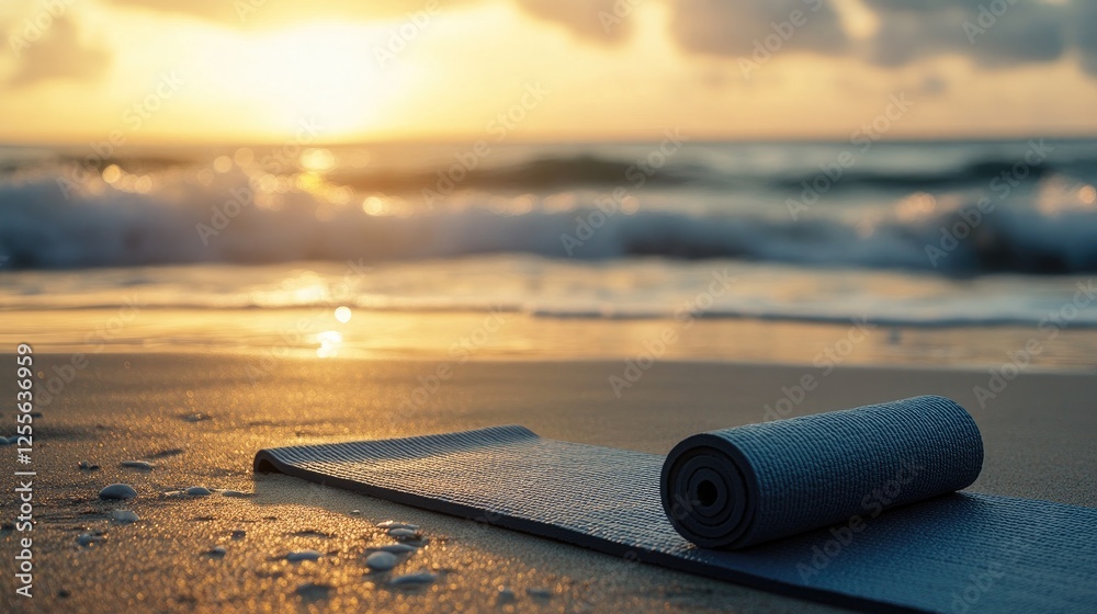 Aufkleber a yoga mat placed on the soft sand of a beach, with ocean waves gently crashing in the background, c