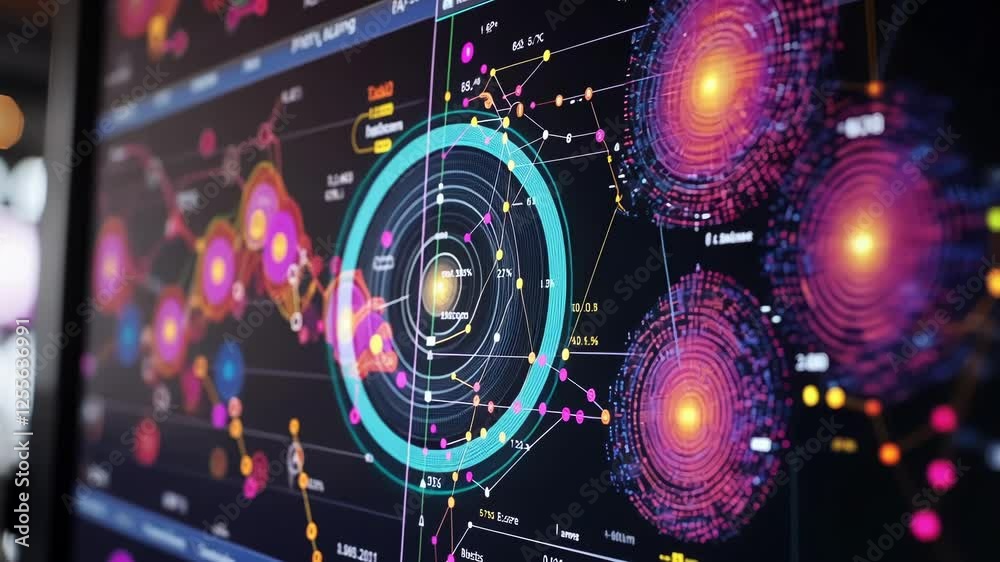 Poster colorful circular diagrams and data points connecting across multiple computer screens in a dark roo