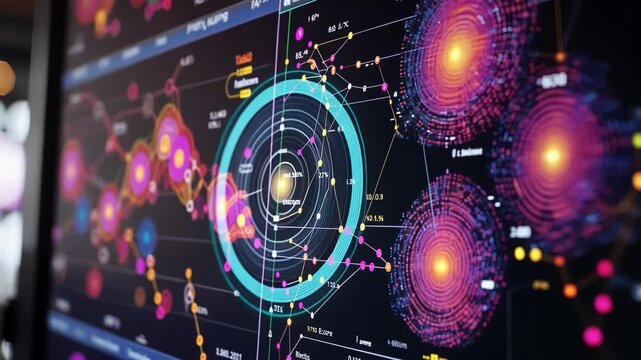Colorful circular diagrams and data points connecting across multiple computer screens in a dark room illustrate a complex big data analysis and visualization process