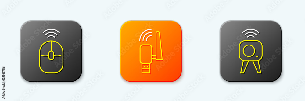 Poster set line wireless computer mouse, usb wireless adapter and web camera icon. vector