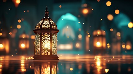 Fototapeta premium Eid mubarak and ramadan kareem greeting card with islamic lanterns and mosque. Poster design for Ramadan spiritual traditional celebration. Beautiful Ramadan Kareem Celebration Background. Islamic Ram