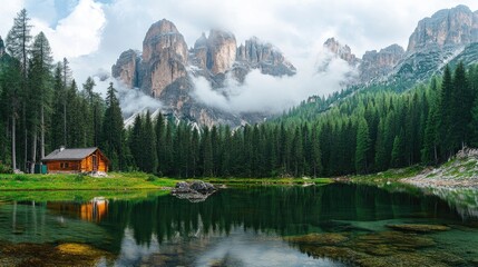 Picturesque mountain lake with cabin and forest reflecting in the water
