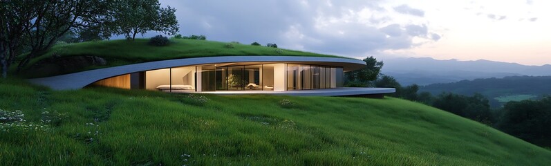 Modern house with sleek architecture, nestled on a green hillside amidst a serene landscape.