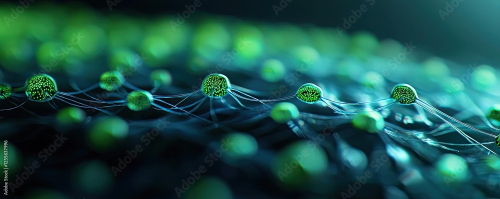 Poster marine life microscopic idea. close-up view of microscopic green organisms in a dark environment wit
