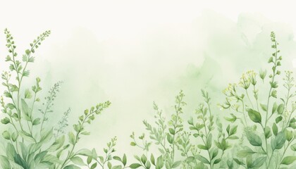 Obraz premium Watercolor illustration of green wild plants, soft pastel tones, botanical nature background with copy space