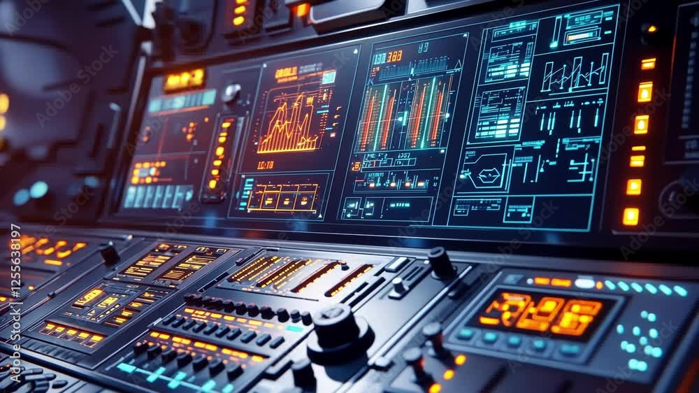 Poster complex digital interface featuring various charts, graphs, and data visualizations on multiple scre