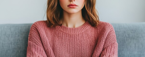 A woman with medium-length hair sits on a couch, wearing a cozy pink sweater, conveying a calm and introspective mood.