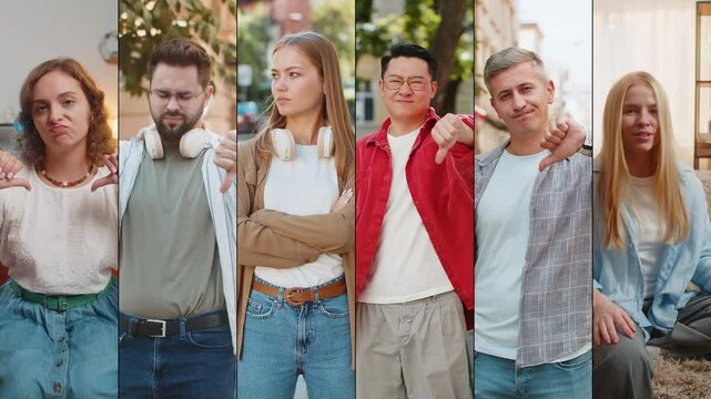Dislike. Collage of upset unhappy people diverse gender, different ages, ethnicity gives thumbs down disappointment dissatisfaction, displaying negative feedback, disapproval frustration, fail, lose
