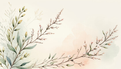 Watercolor floral illustration, pastel peach and green, delicate branches and blossoms with copy space