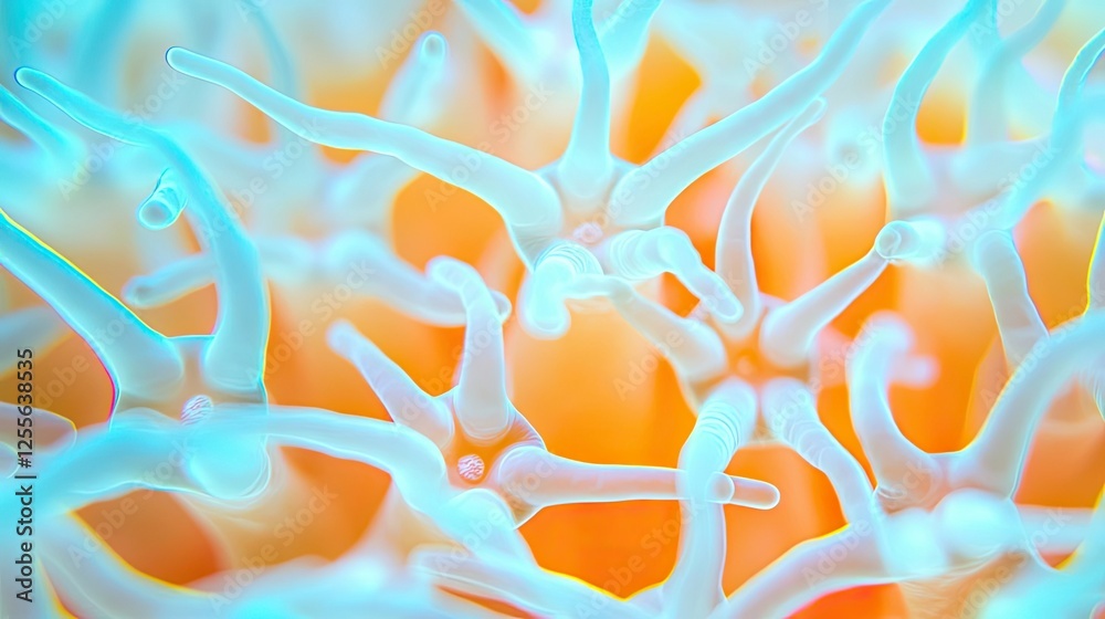 Poster Microscopic ocean life idea. Close-up view of vibrant coral structures showcasing intricate patterns and colors.
