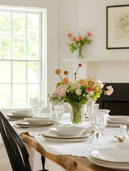 Fototapeta premium A traditional farmhouse dining space with fresh flowers, ceramic plates, and a white frame above the mantel.