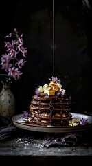 fluffy pancakes topped with melting butter and drizzled with maple syrup