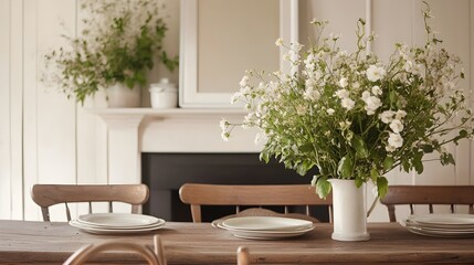 A traditional farmhouse dining space with fresh flowers, ceramic plates, and a white frame above the mantel.