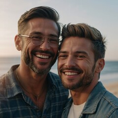 Smiling Diverse Gay Couple Enjoying Sunset at Beach Portrait of Love and Friendship