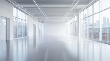 Fototapeta premium Empty modern office space with large windows and city view