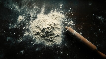 An abstract baking background with flour scattered on a dark table, rolling pin, and subtle kitchen tools creating a warm, inviting vibe