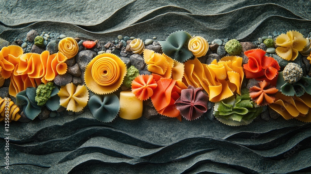 Poster An assortment of colorful pasta varieties placed on a stone surface, creating a textured and appetizing food composition