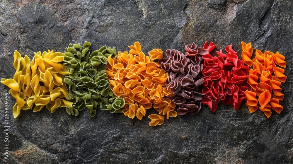 Poster An assortment of colorful pasta varieties placed on a stone surface, creating a textured and appetizing food composition