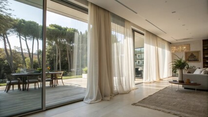 Curtain shade and transparent, A modern living space with large glass doors, sheer curtains, and a view of a garden, combining elegance with natural light.