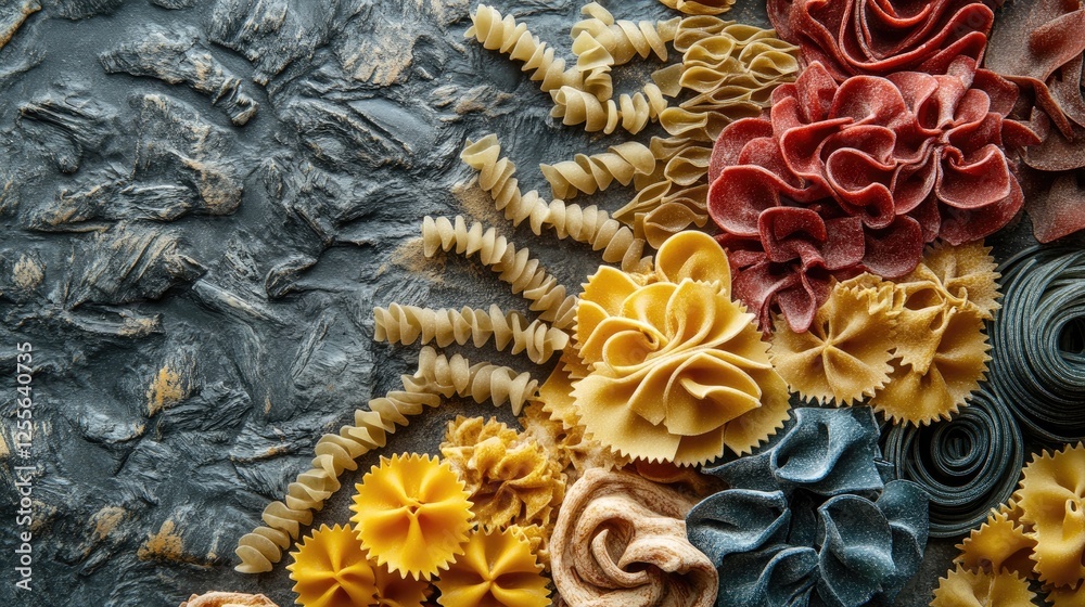 Poster An assortment of colorful pasta varieties placed on a stone surface, creating a textured and appetizing food composition