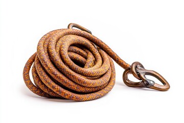 Naklejka premium Coiled climbing rope with a sturdy carabiner, showcasing its texture and color against a white background